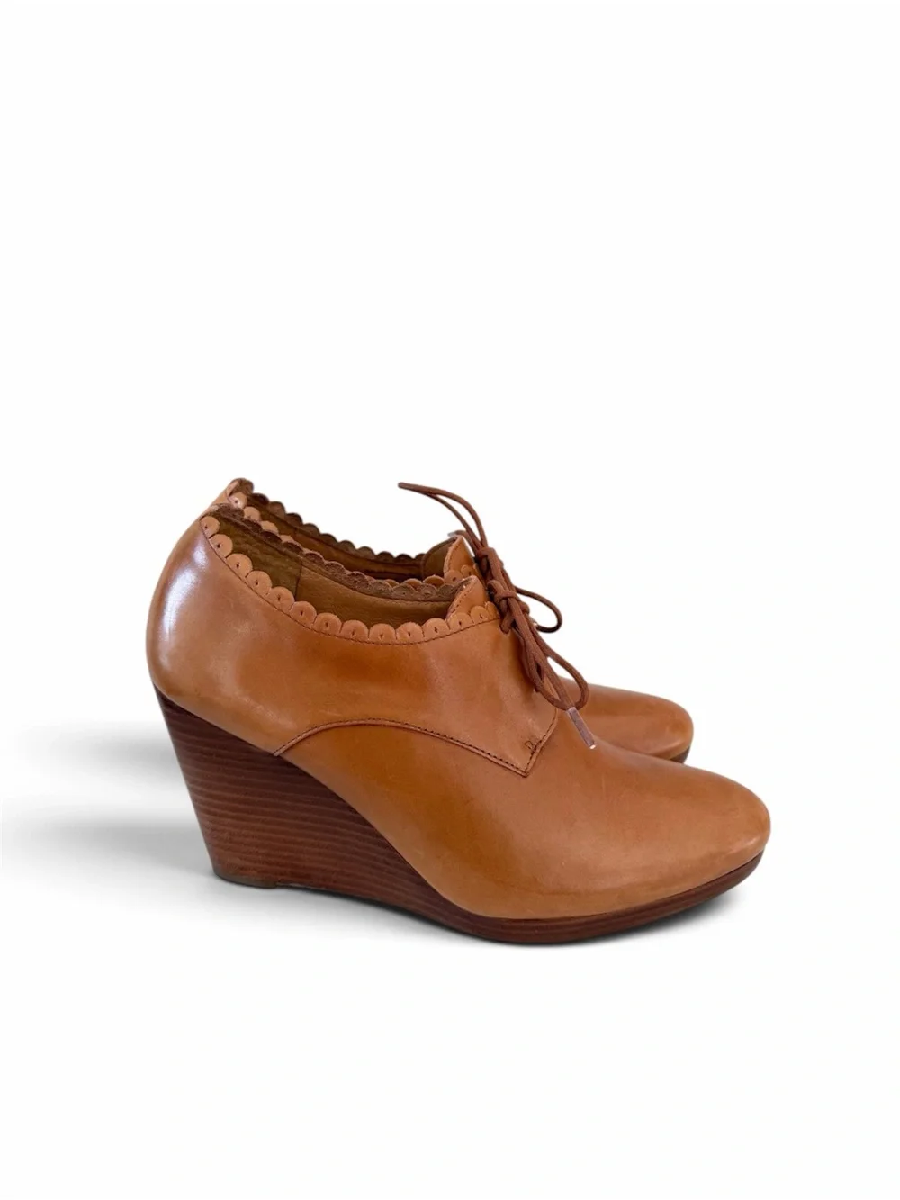 Jack Rogers Cognac Leather Scalloped Lace-Up Wedge Oxford Shoes 9.5